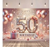 Une bannière de fond "Happy 50th Birthday", bannière d'anniversaire 50e en or et rose, design avec verres à champagne, ballons et boîte cadeau, convient pour une utilisation intérieure/extérieure, déc