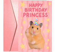 Une carte d'anniversaire amusante, une carte de hamster mignonne avec le texte "Happy Birthday Princess", complète avec une enveloppe. Parfait pour lui/elle, les amis/la famille/les collègues, ou comm