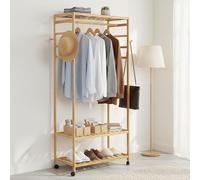 unho Porte Vêtements sur Pieds Roulant: Armoire Ouverte Penderie Bambou Porte Manteau et Chaussures avec 1 Barre et 4 Patères Idéal pour Maison Salon Chambre Entrée - 78x41x169cm