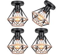 UNI 4 Pack Plafonnier Vintage Industrielle Cage en Corde de Chanvre E27 16cm Noir