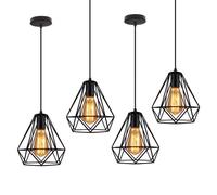 UNI 4PCS Lustre Suspension Cage Diamant E27 20cm Rétro Plafonnier Industrielle Longueur Ajustable Noir