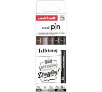 Uni-Ball Coffret de 5 marqueurs calibrés pointe de 0,8 mm de couleur noir, gris et sépia SET LETTERING