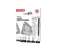 uni-ball - Mitsubishi Pencil - Coffret d’Initiation Urban Sketching Uni Pin - 8 Feutres Pointes Calibrées Ultra-Fines à Fines et Brush - 1 Porte-Mines Shalaku S - 4 Planches Tuto