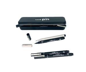uni-ball - Coffret uni PIN + Feutres de Dessin et d'Écriture - Pointes Calibrées - Mitsubishi Pencil - Dessiner, Écrire, Tracer - Plumier Métal + 8 Feutres
