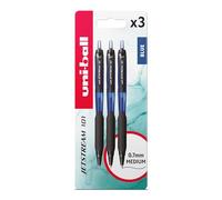 uni-ball Jetstream 101 Lot de 3 stylos à bille rétractables à encre gel Bleu Pointe 0,7 mm Pour la rentrée scolaire Écriture et coloriage lisses Résistant à l'eau Encre Uni Super Séchage instantané