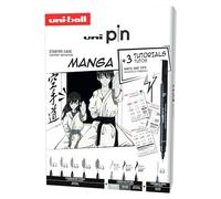 uni-ball - Mitsubishi Pencil - Coffret d’Initiation au Dessin Manga Uni Pin - 8 Feutres Pointes Calibrées Ultra-Fines à Moyennes et Brush - 1 Porte-Mines Shalaku S - 3 Planches Tuto
