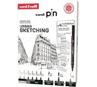 uni-ball - Mitsubishi Pencil - Coffret d’Initiation Urban Sketching Uni Pin - 8 Feutres Pointes Calibrées Ultra-Fines à Fines et Brush - 1 Porte-Mines Shalaku S - 4 Planches Tuto