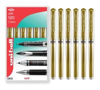 Uni Ball Signo Fountain Pen Broad Nib Gel Ink Rollerball Pen Metal Nib 1.0mm Metallic Gold 0.65mm Line Width With Rubber Grip Um-153 (Pack Of 6)