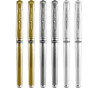 Uni Ball Signo Pen Broad Metallic Gel Ink Rollerball - Metal 1mm Tip Nib 0.65mm Line Width With Rubber Grip - UM-153 - (Pack Of 6) - White, Silver and Gold