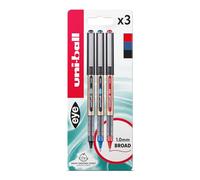 uni-ball UB-150-10 Eye Large Roller Lot de 3 stylos roller Noir/bleu/rouge Emballage sans plastique