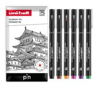 uni-ball Uni Pin Lot de 6 stylos à pointe fine Pointe 0,1 mm | Encre pigmentée résistante à l'eau, résistante à la décoloration, pointes protégées en acier, six couleurs d'encre