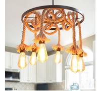 UNI Lustre à Roue Industrielle E27 Lampe de Plafond 6 Lumières en Corde de Chanvre