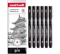 Uni Pin Fineliner Lot de 6 stylos à dessin Pointe biseautée Encre noire Pointe 1 mm Boîte cadeau