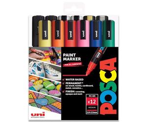 Uni Posca PC-5M Ensemble de 12 marqueurs professionnels pour peinture avec marqueurs noir + blanc supplémentaires