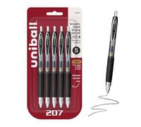 Uniball™ 207 Lot de 5 stylos à encre gel, encre noire, pointe ultra micro de 0,38 mm, rétractable, écriture lisse, résistant à la fraude, uni Super Ink™