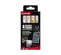 UNIBALL CHALK PWE5M, 4 Marqueurs Craie - Moyen - 2 Blanc, Or, Argent | Uni Mitsubishi Pencil - Pointe 1,8-2,5mm, Marquage éphémère, résistant à la pluie, effaçable à l'eau - Vitre, Miroir, Ardoise