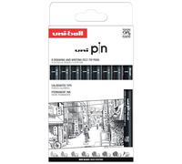 UNIBALL PIN, 8 Feutres calibrés multipointes & brush - Ecriture et Dessin | Uni Mitsubishi Pencil - Encre de Chine pigmentée, waterproof et infalsifiable - Manga, croquis, illustration et calligraphie