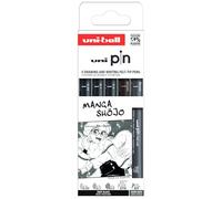 UNIBALL PIN, Manga Shojo - 5 Feutres calibrés & brush - Ecriture et Dessin | Uni Mitsubishi Pencil - Encre de Chine pigmentée, waterproof et infalsifiable - Manga, croquis, illustration et calligraphie