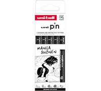 UNIBALL PIN, Manga Shonen - 5 Feutres calibrés & brush - Ecriture et Dessin | Uni Mitsubishi Pencil - Encre de Chine pigmentée, waterproof et infalsifiable - Manga, croquis, illustration et calligraphie