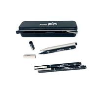 UNIBALL PIN, Plumier 8 Feutres calibrés et brush - Ecriture et Dessin | Uni Mitsubishi Pencil - Encre de Chine pigmentée, waterproof et infalsifiable - Manga, croquis, illustration et calligraphie