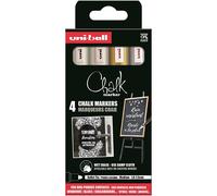 UNIBALL CHALK PWE5M, 4 Marqueurs Craie - Moyen - 2 Blanc, Or, Argent | Uni Mitsubishi Pencil - Pointe 1,8-2,5mm, Marquage éphémère, résistant à la pluie, effaçable à l'eau - Vitre, Miroir, Ardoise