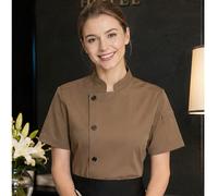 Uniforme de chef élégant pour femmes, manches courtes marron, col montant avec design à boutons, Top de travail professionnel pour restaurant L,M,S,XL,XXLUnicoloreTissu tissé