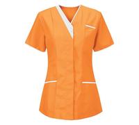 Uniforme Médicale Blouse Infirmière Femme Professionnelle Col en V Couleur Unie Manche Courte Tunique Tee Shirt de Travail Esthéticienne 2 Poches