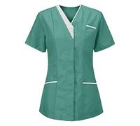 Uniforme Médicale Femme Blouse Infirmiere Femme Professionnelle D'infirmière Uniforme Blouse Medicale Femme Col en V Couleur Unie Manche Courte Tunique Tee Shirt de Travail Esthéticienne 2 Poche