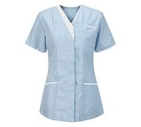 Uniforme Médicale Femme Blouse Infirmiere Femme Professionnelle D'infirmière Uniforme Blouse Medicale Femme Col en V Couleur Unie Manche Courte Tunique Tee Shirt de Travail Esthéticienne 2 Poche