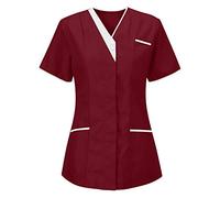 Uniforme Médicale Femme Blouse Infirmiere Femme Professionnelle D'infirmière Uniforme Blouse Medicale Femme Col en V Couleur Unie Manche Courte Tunique Tee Shirt de Travail Esthéticienne 2 Poche