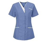 Uniforme Médicale Femme Blouse Infirmiere Femme Professionnelle D'infirmière Uniforme Blouse Medicale Femme Col en V Couleur Unie Manche Courte Tunique Tee Shirt de Travail Esthéticienne 2 Poche