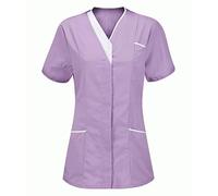 Uniforme Médicale Femme Blouse Infirmiere Femme Professionnelle D'infirmière Uniforme Blouse Medicale Femme Col en V Couleur Unie Manche Courte Tunique Tee Shirt de Travail Esthéticienne 2 Poche