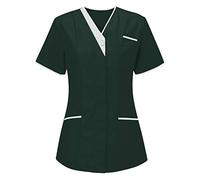 Uniforme Médicale Femme Blouse Infirmiere Femme Professionnelle D'infirmière Uniforme Blouse Medicale Femme Col en V Couleur Unie Manche Courte Tunique Tee Shirt de Travail Esthéticienne 2 Poche