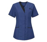 Uniforme Médicale Femme Blouse Infirmiere Femme Professionnelle D'infirmière Uniforme Blouse Medicale Femme Col en V Couleur Unie Manche Courte Tunique Tee Shirt de Travail Esthéticienne 2 Poche
