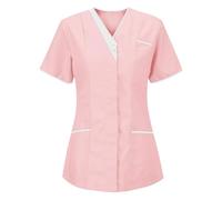 Uniforme Médicale Femme Blouse Infirmiere Femme Professionnelle D'infirmière Uniforme Blouse Medicale Femme Col en V Couleur Unie Manche Courte Tunique Tee Shirt de Travail Esthéticienne 2 Poche