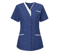 Uniforme Médicale Femme Blouse Infirmiere Femme Professionnelle D'infirmière Uniforme Blouse Medicale Femme Col en V Couleur Unie Manche Courte Tunique Tee Shirt de Travail Esthéticienne 2 Poche