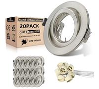 Unikcst Spot Encastrable GU10 Set, 20 Pièces Cadre De Montage En Métal Brossé Avec Douille Céramique GU10, Ø76-90mm Orientable A 30°, Pour Lampes A LED Ou Halogènes, Diamètre 98 mm, Rond