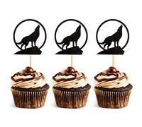 Unimall Global Lot de 24 décorations de cupcakes en forme de loup - Noir à paillettes - Décoration de gâteau pour fête à thème, fête d'anniversaire, fête de mariage
