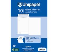 Unipapel Lot de 10 enveloppes en papier blanches 90 g | 162 x 229 mm | Fermeture droite | Bande autocollante silicone Autodesk | Ouverture supérieure | FSC Documents A4 pliés en 2 ou A5 sans plier