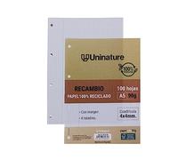 Unipapel | Recharge papier recy 5 | 100 feuilles quadrillées 4 x 4 | Marge | Papier super résistant | PaperClass90g