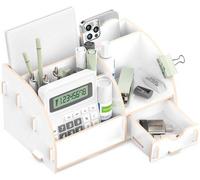 Uniqoos® : Organisateur de bureau élégant en bois, blanc – compact et léger, 24 x 15 x 13 cm, 0,47 kg, rangement stable pour le bureau et le télétravail