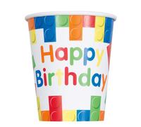 Unique 82213 - Gobelets en Carton - 266 ml - Fête d'Anniversaire à thème de Blocs des Constructions - 8 Pièces (Lot de 1)