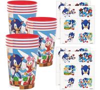 Unique Décorations de fête d'anniversaire Sonic - 24 tatouages, 12 gobelets en plastique réutilisables - Fournitures de fête - Sous licence officielle