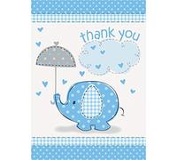 Unique Party - 41715 - Paquet de 8 Cartes - Thank You - Baby Shower Éléphant - Bleu