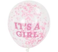 Unique Party 58110 - Ballons de Baudruche Confettis de Baby Shower - 30 cm - Lettrage "It's A Girl" - Confettis de Couleur Rose - Paquet de 6