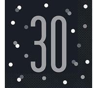 Unique Party 83545 - Serviettes en Papier de 30e Anniversaire - 16,5 cm - Fête d'Anniversaire à thème Noir et Argent Glitz - Paquet de 16