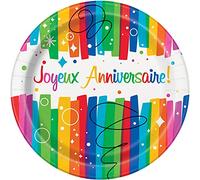 Unique Party- Assiettes en Carton Écologiques-23 cm-Fête à thème Joyeux Anniversaire Ruban Arc-en-Ciel-Paquet de 8, 56905EU, Multicolour