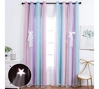 UNISTAR Lot de 2 Rideaux occultants à Motif d'étoiles pour Chambre d'enfant, Chambre de Fille, décoration de Salon, décoration colorée Double Couche, Motif étoiles, Rayures Arc-en-Ciel, Rose,