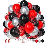 Unisun Ballons Noir et Rouge, 50Pièces Métallique Argent Noir Rouge Confettis Ballon Ruban Hommes Femmes Nuptiale Mariage Graduation Douche Nuptiale Mascarade Anniversaire Valentin Retraite Déco