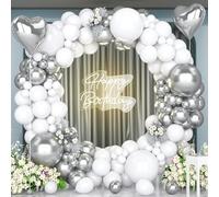 Unisun Kit Arche Ballons Blancs et Argentés - 147 Pcs Guirlande Métallisée avec Cœur en Aluminium pour Mariage, Fête D'Anniversaire, Décoration, Fiançailles, Baby Shower